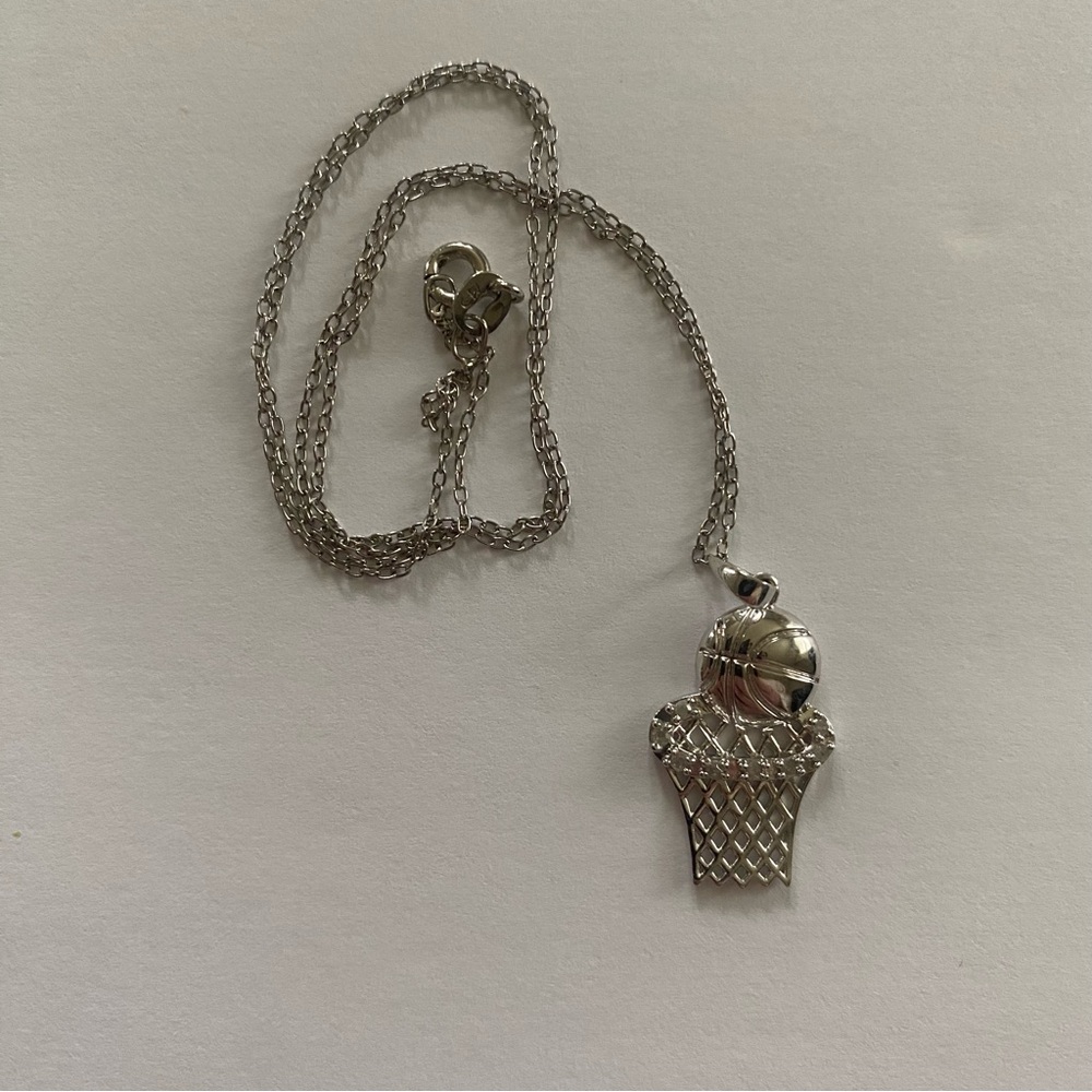 Women’s Stainless Silver Basketball in Net Pendant Necklace